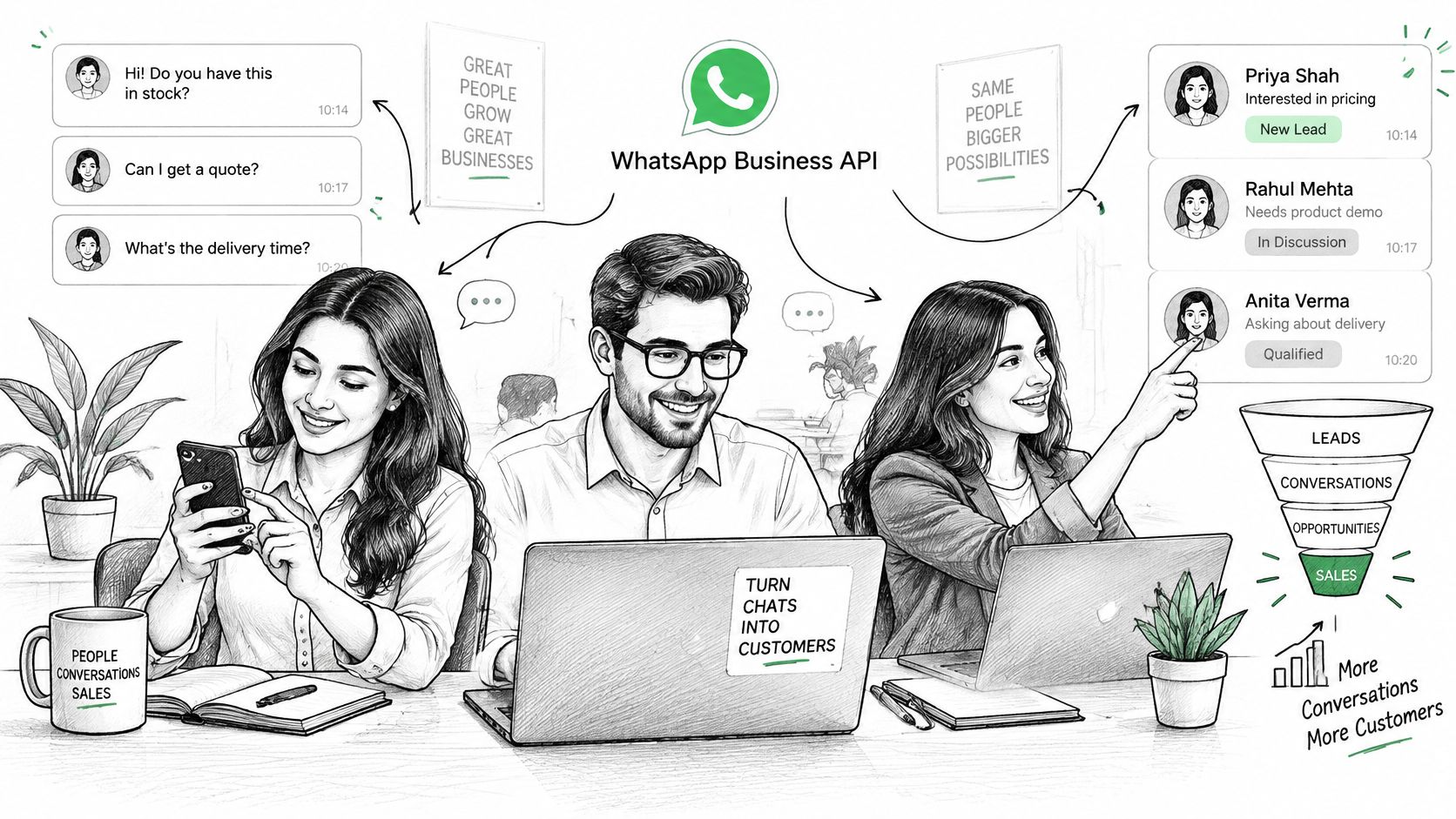 Equipo de trabajo profesional gestionando interacciones de clientes a través de WhatsApp Business API en laptops