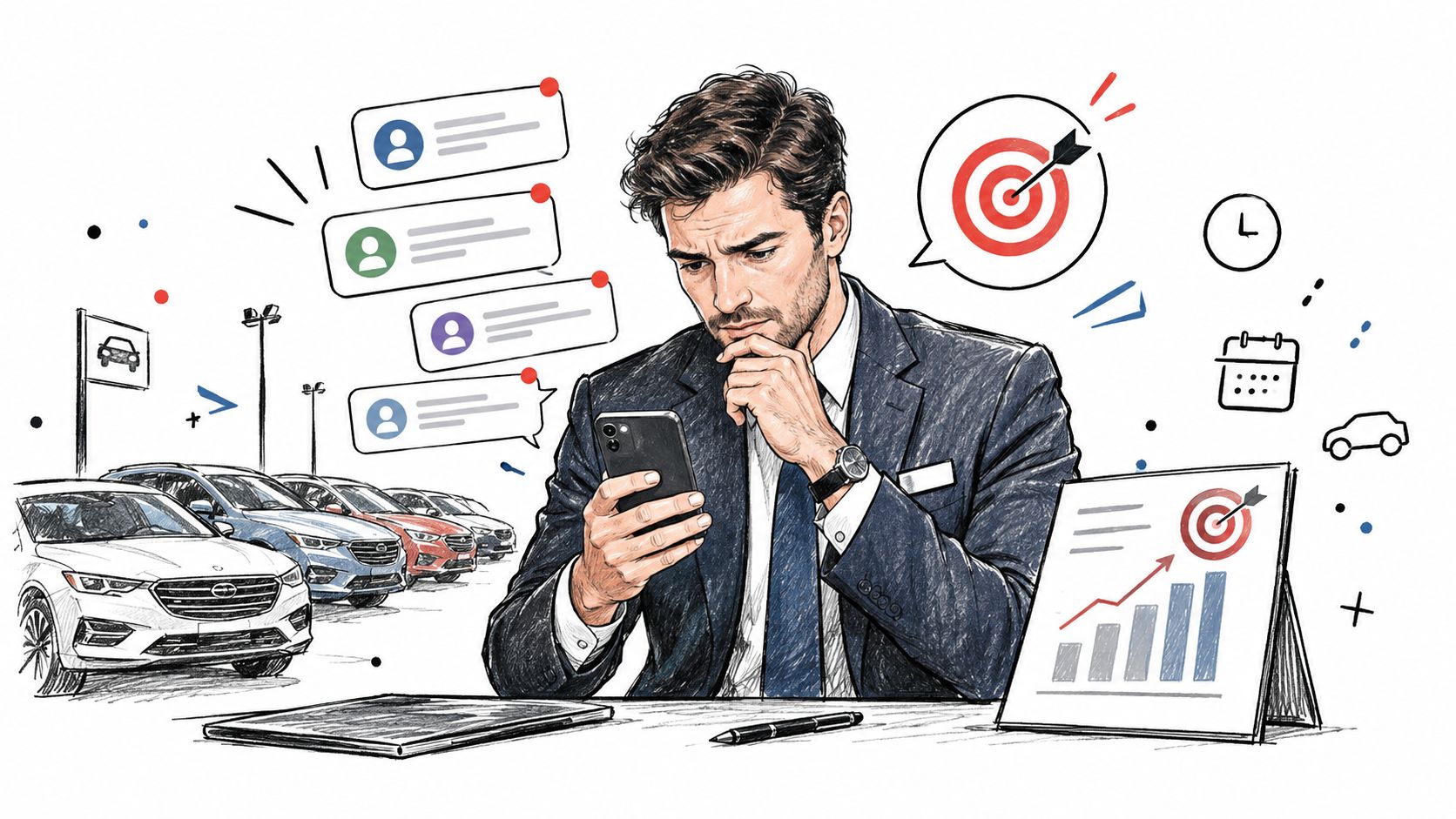 Un profesional de negocios analizando datos de ventas automotrices en su teléfono móvil en una oficina moderna.
