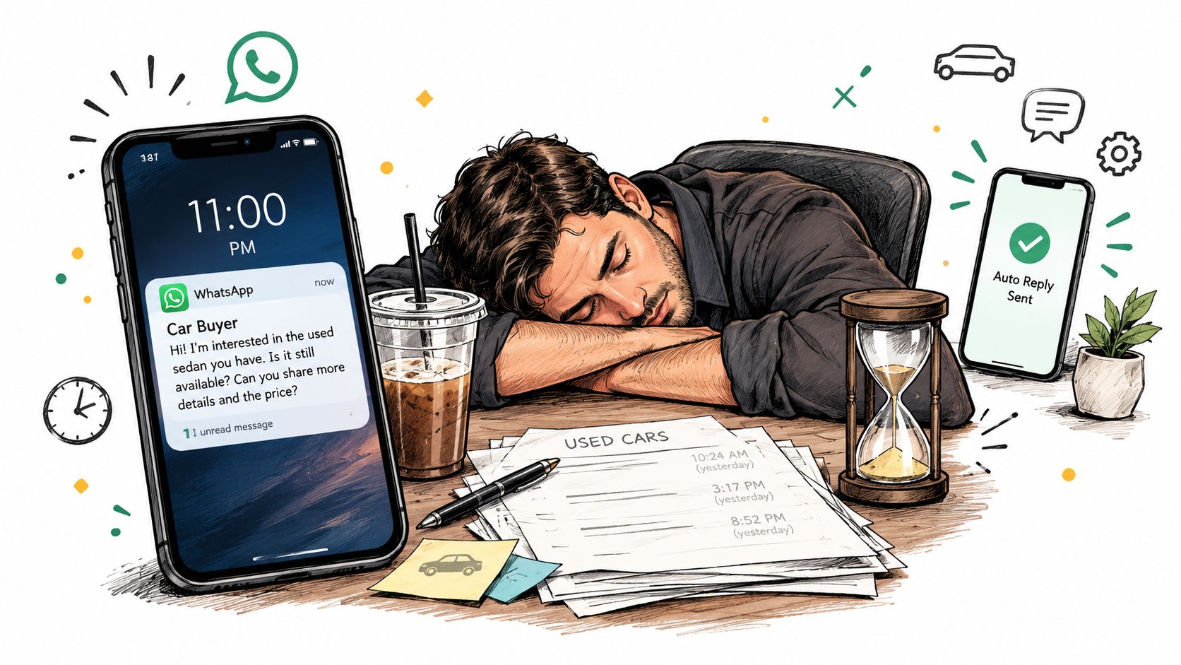Hombre agotado durmiendo en su escritorio junto a un teléfono mostrando notificaciones de respuestas automáticas de WhatsApp.