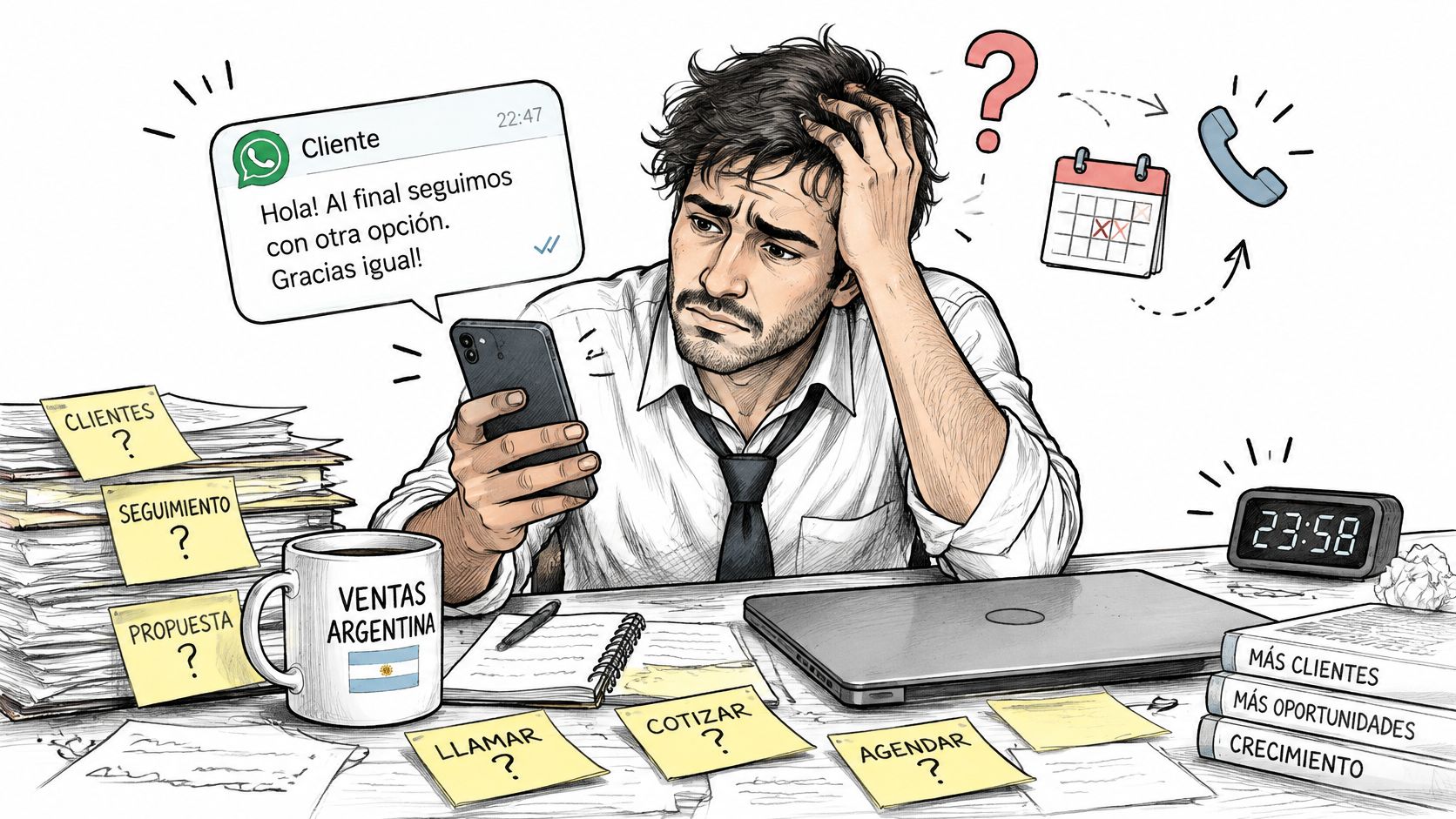 Hombre estresado trabajando frente a su computadora rodeado de notas adhesivas con tareas pendientes y ventas.