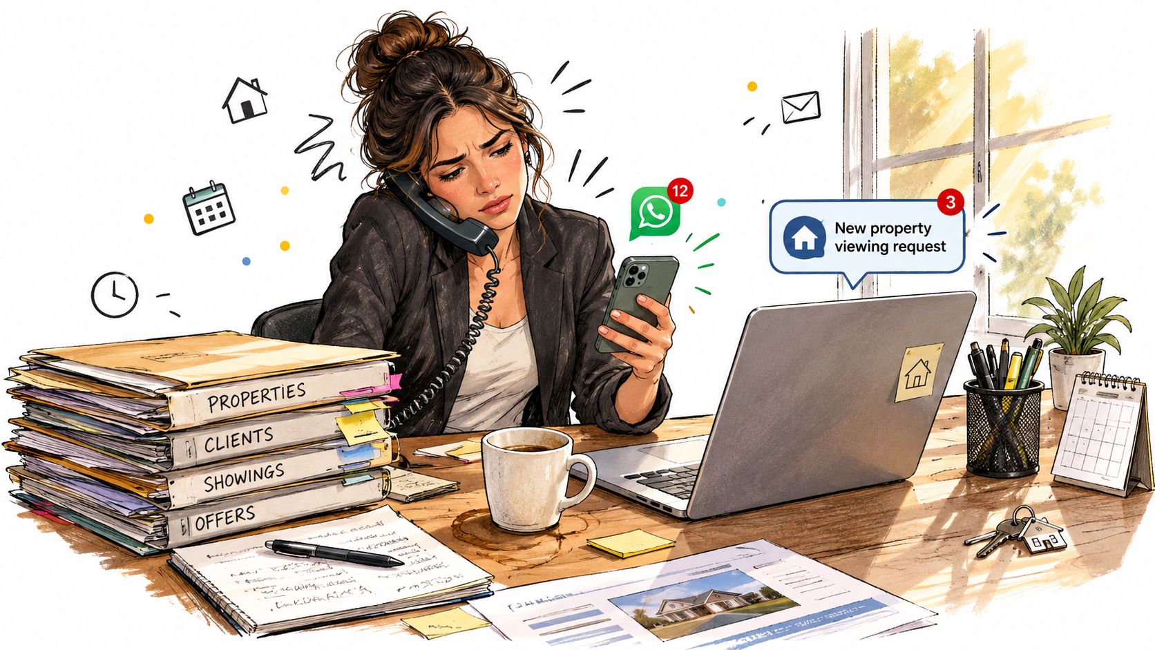 Una agente inmobiliaria estresada gestionando llamadas, mensajes y documentos en su oficina llena de trabajo.