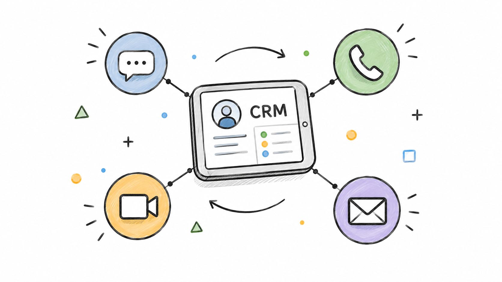 Representación ilustrada de una tableta centralizada con CRM conectada a canales de comunicación como chat, teléfono y correo.