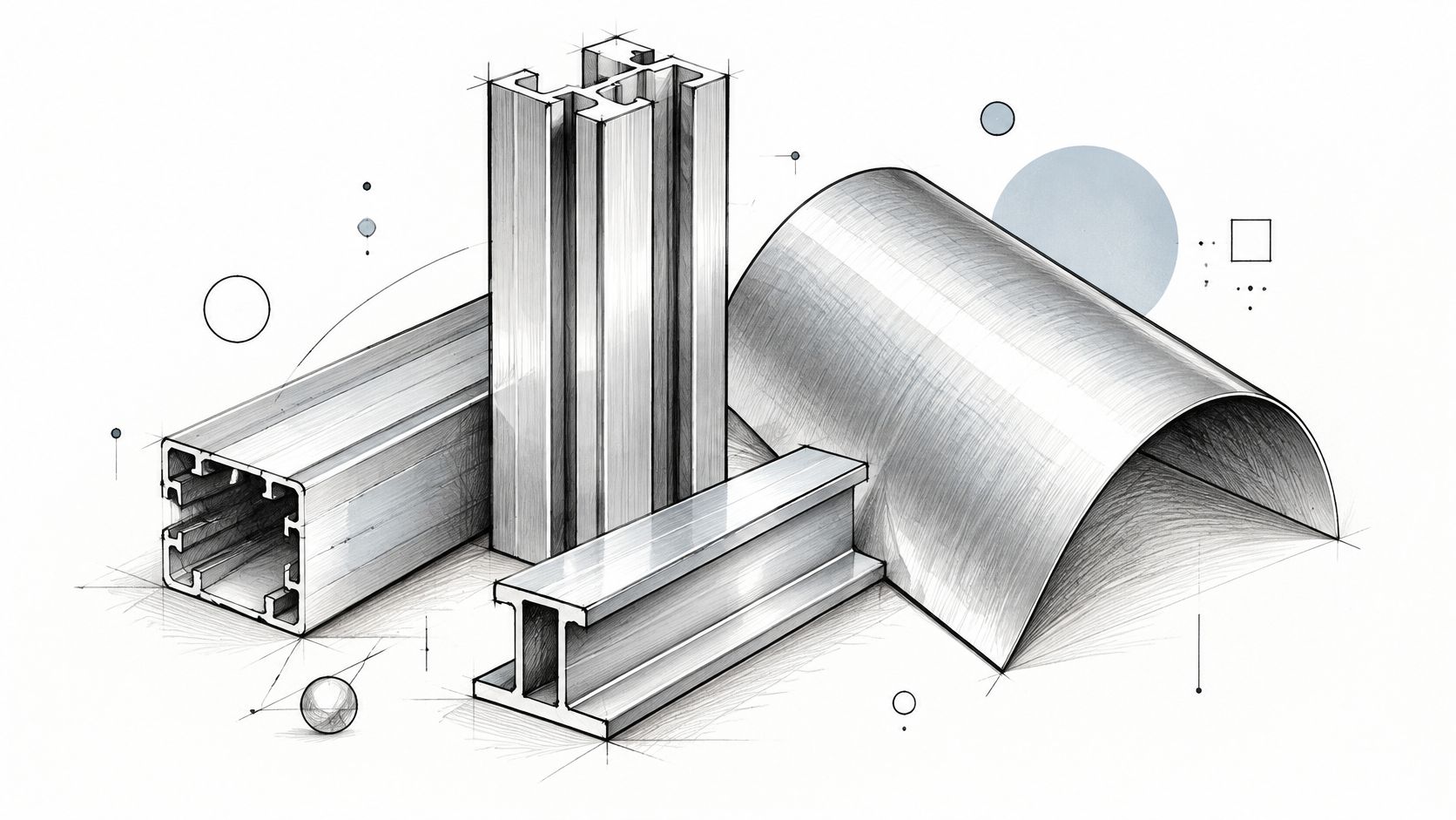 Dibujo técnico de diferentes perfiles y piezas de metal sobre un fondo blanco limpio