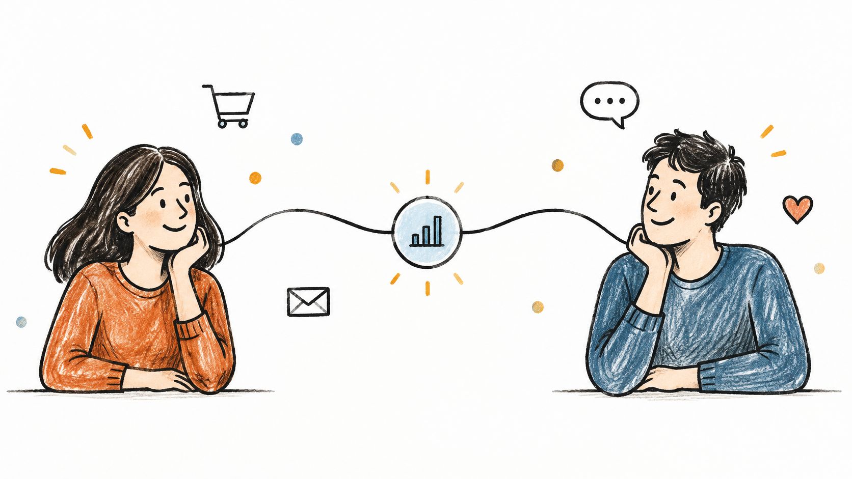 Una ilustración de estilo dibujo a mano mostrando a un hombre y una mujer comunicándose a través de datos.