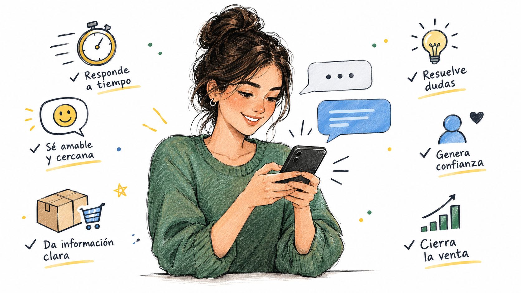 Una joven sonriente revisa su teléfono móvil rodeada de iconos sobre consejos para mejorar la comunicación digital.