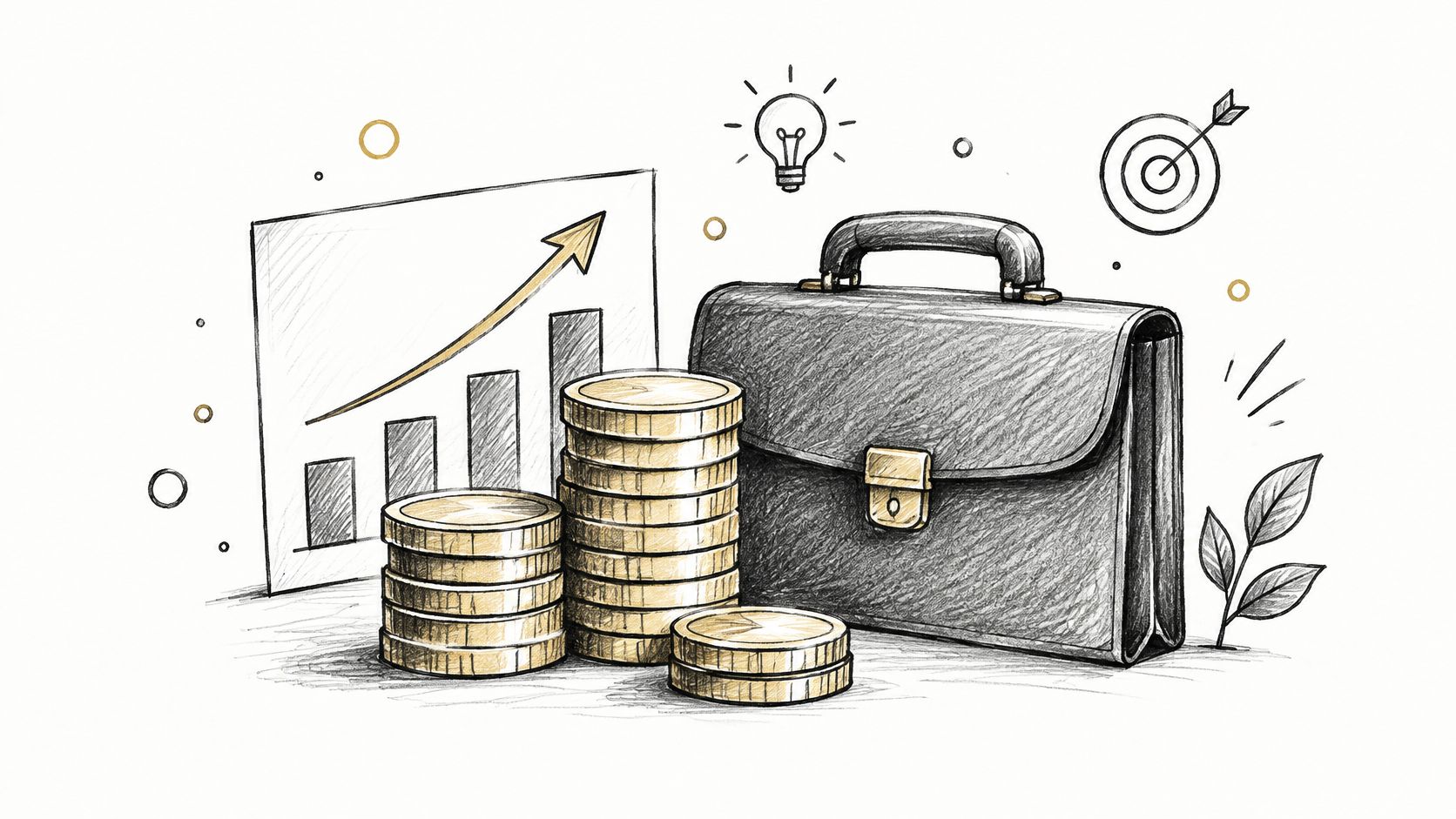 Una maleta de negocios junto a pilas de monedas doradas, un gráfico de crecimiento y otros iconos.