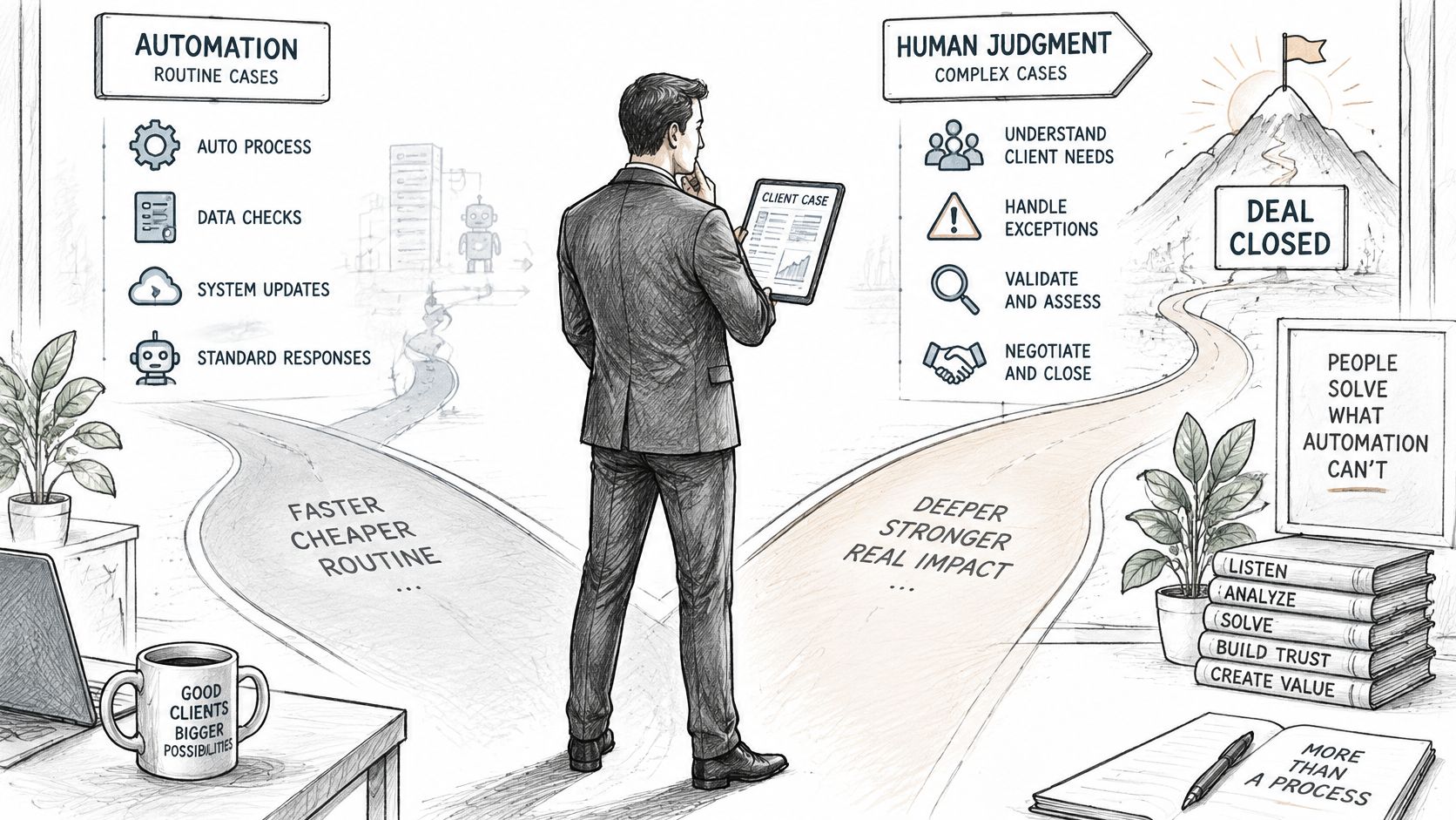 Un ejecutivo de negocios eligiendo entre la automatización de procesos rutinarios o el juicio humano para ventas complejas.