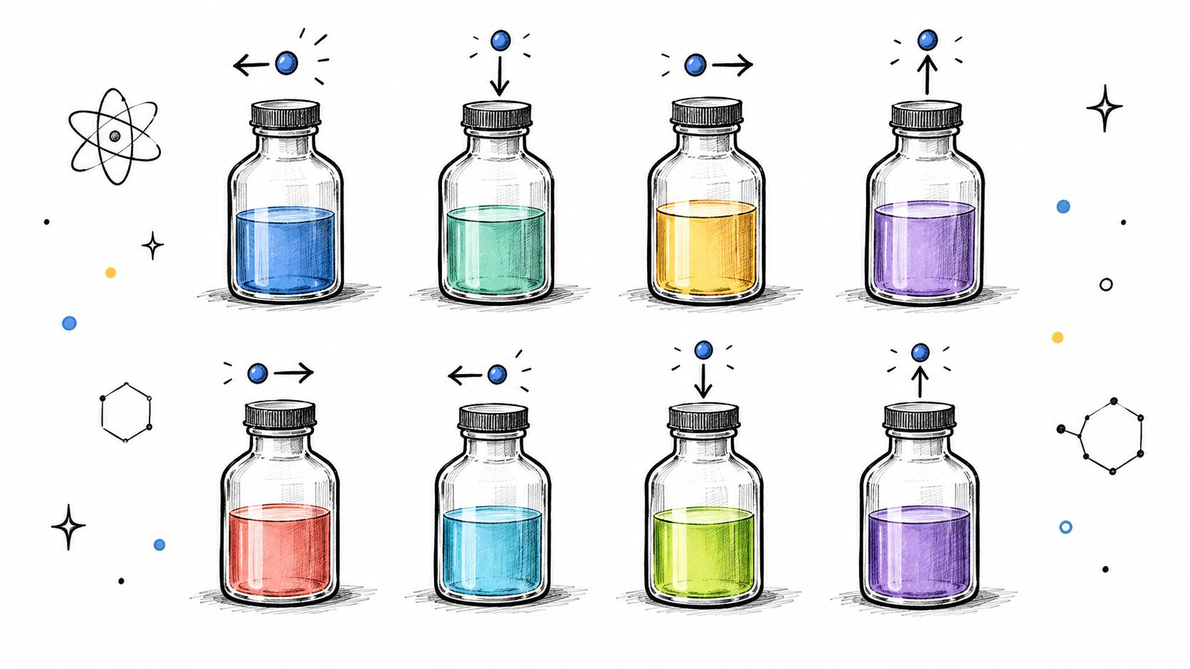 Representación gráfica de reacciones químicas con frascos de laboratorio, líquidos de colores y esferas moleculares esquemáticas.