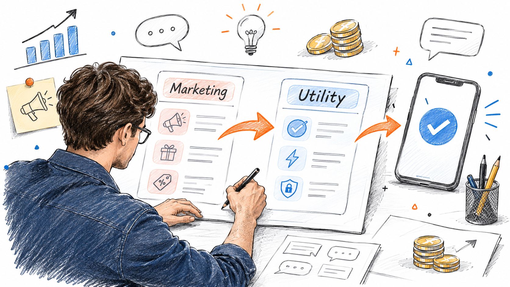 Una persona trabajando en una estrategia de marketing y utilidad empresarial con un teléfono inteligente en el escritorio.