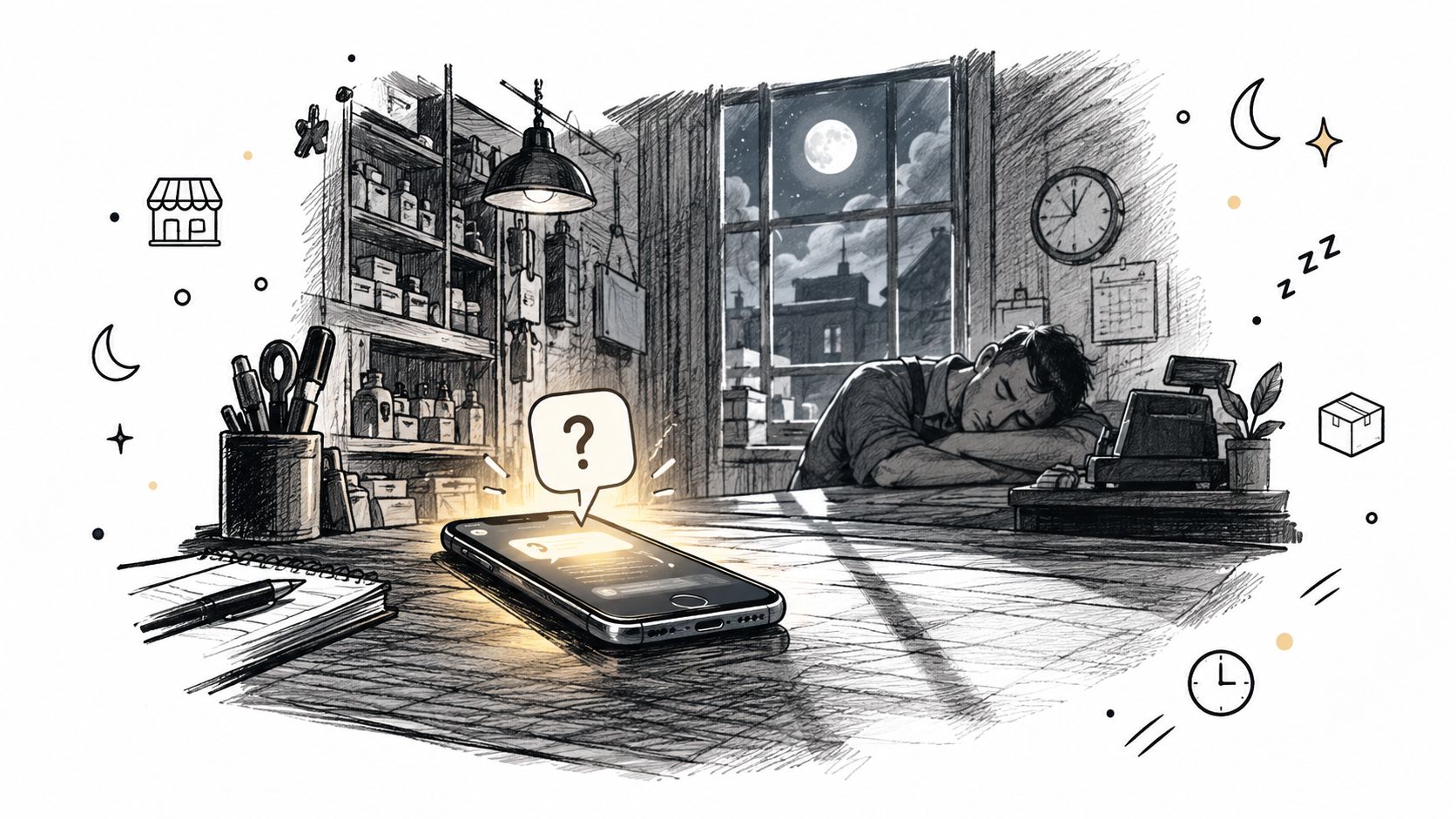 Hombre cansado durmiendo en su escritorio junto a un teléfono inteligente con un símbolo de interrogación brillante.