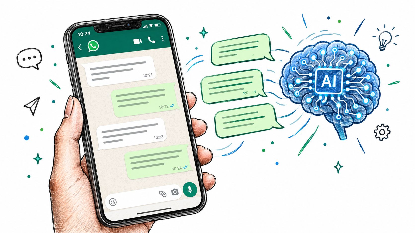 Una mano sosteniendo un smartphone mostrando una aplicación de chat conectada conceptualmente a una inteligencia artificial ilustrada.