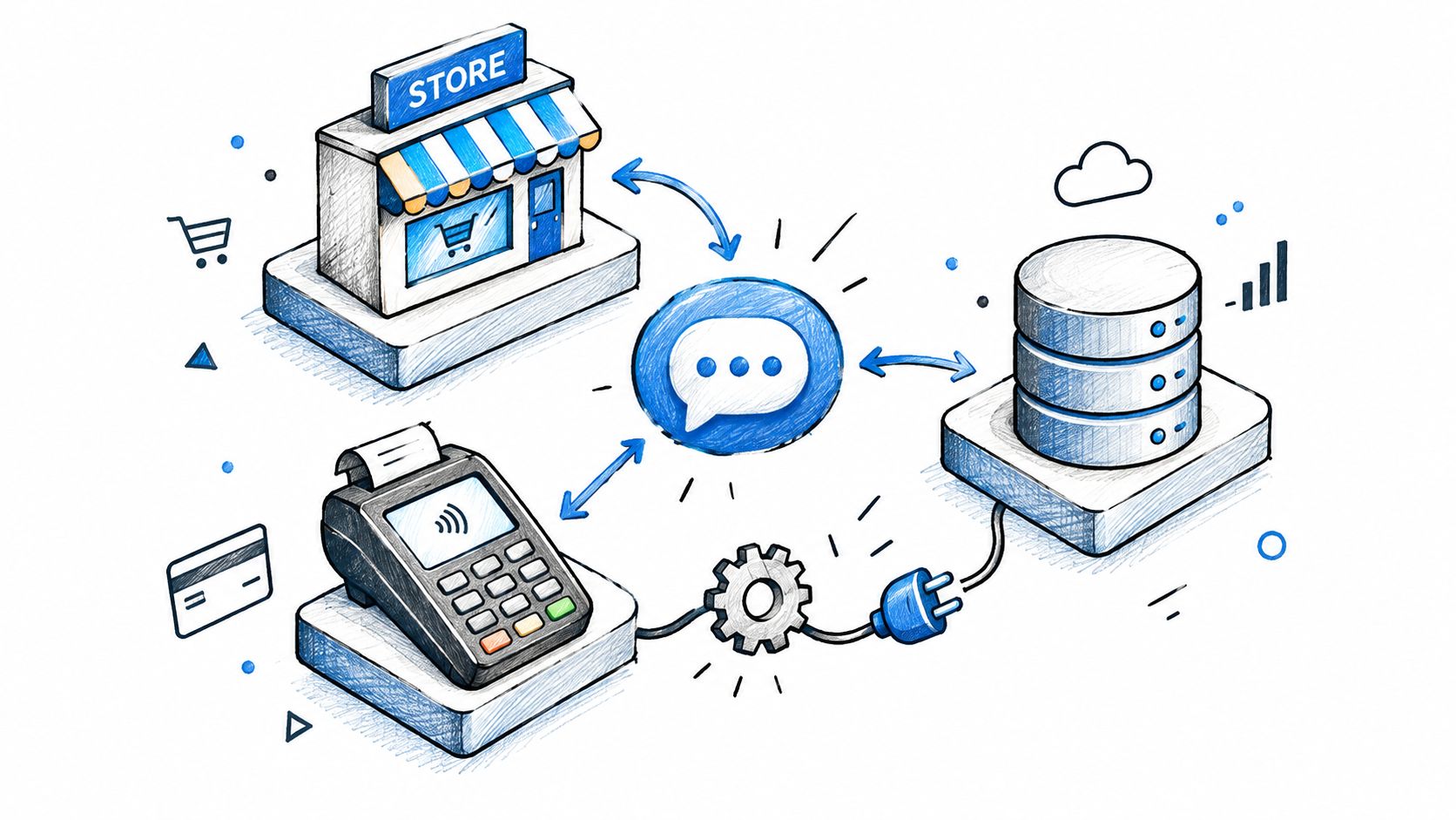Ilustración de un sistema de comercio electrónico que conecta una tienda, un terminal de pago y base de datos.