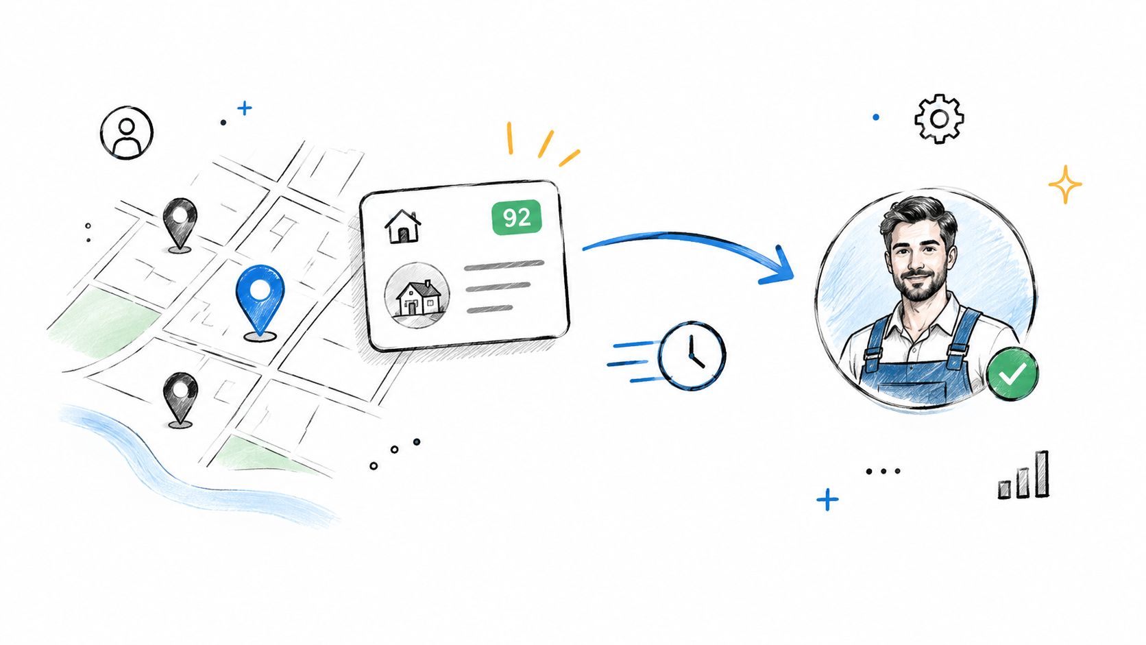 Ilustración de un mapa con una tarjeta de datos enviada a un técnico calificado para servicio.