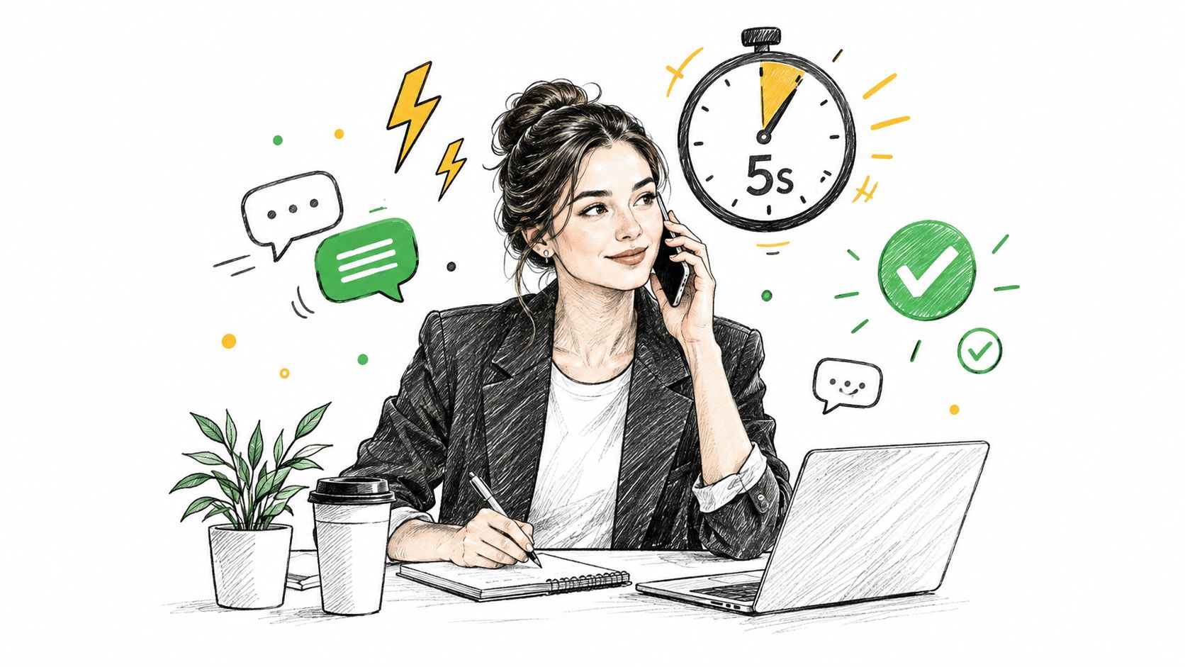 Mujer de negocios sonriente tomando notas mientras habla por teléfono en su escritorio con estilo ilustrado
