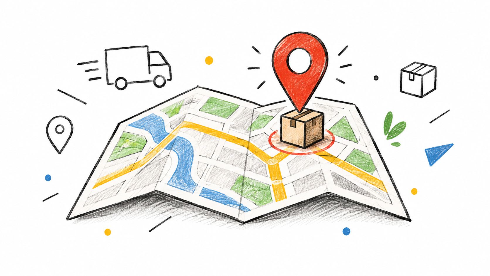 Ilustración dibujada a mano de un mapa con un paquete de entrega y un marcador de ubicación.