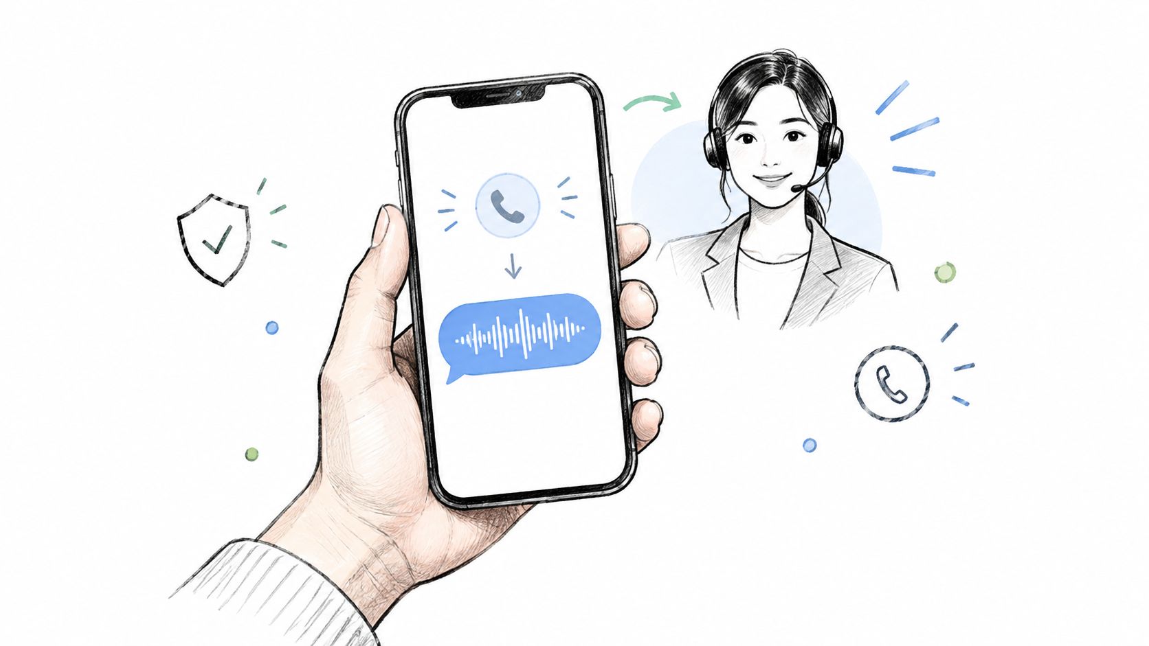 Una mano sosteniendo un teléfono inteligente mostrando un icono de llamada y una onda de voz con agente.