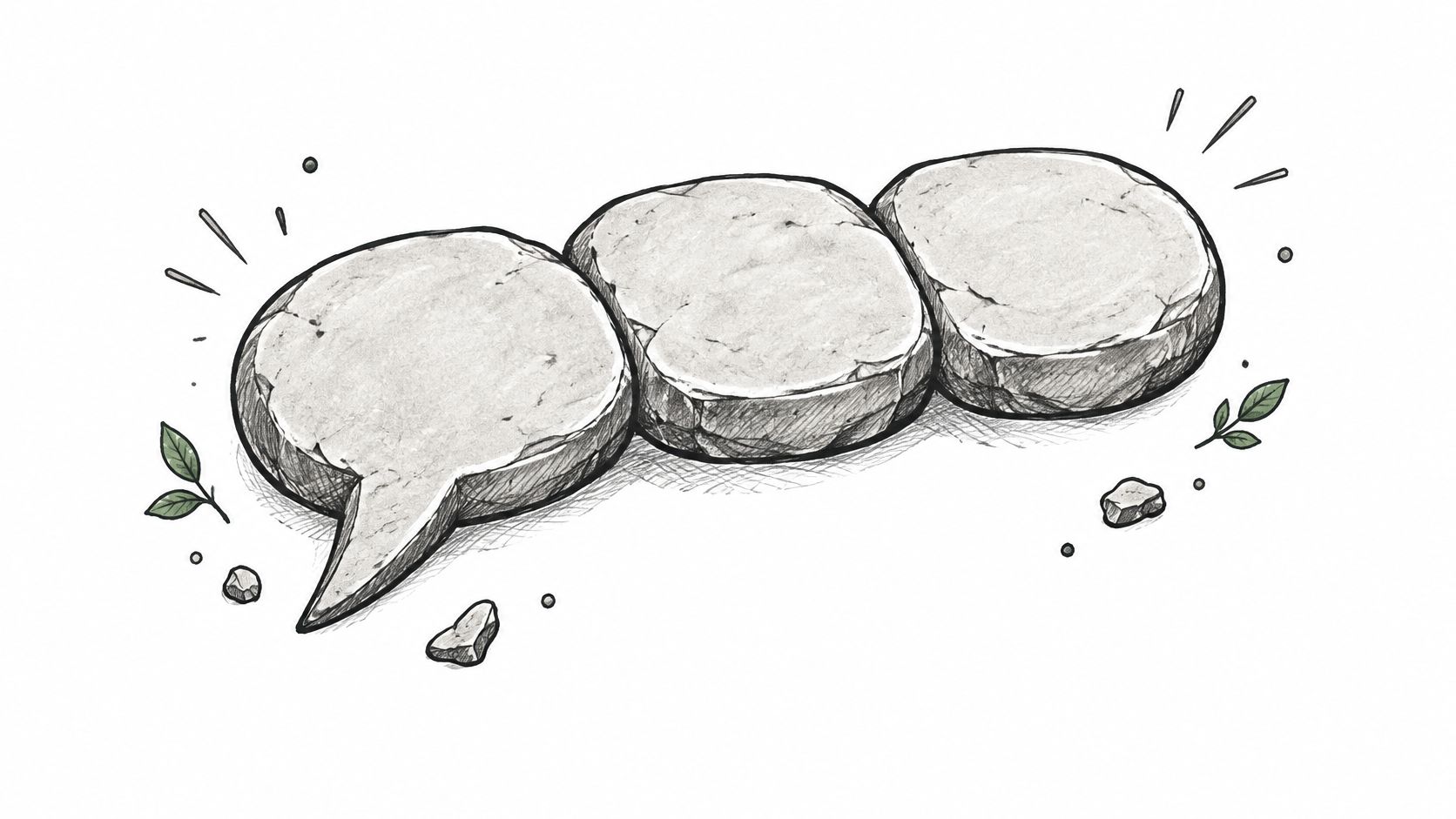 Tres burbujas de diálogo hechas de piedra gris con un diseño artístico de bocetos hechos a mano.
