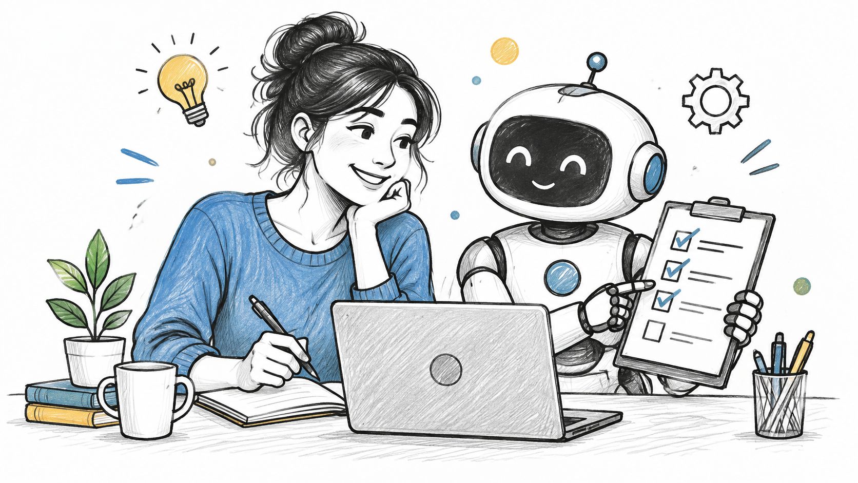 Una mujer joven trabajando con un robot amigable mientras revisan una lista de verificación en la computadora