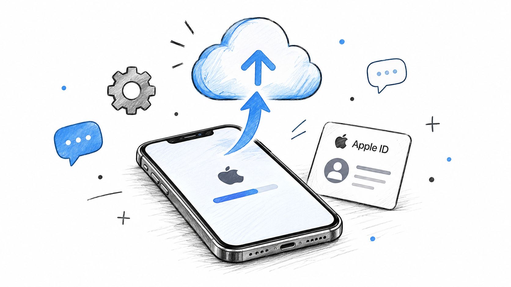 Ilustración de un iPhone realizando una copia de seguridad en la nube vinculada a una cuenta Apple ID.