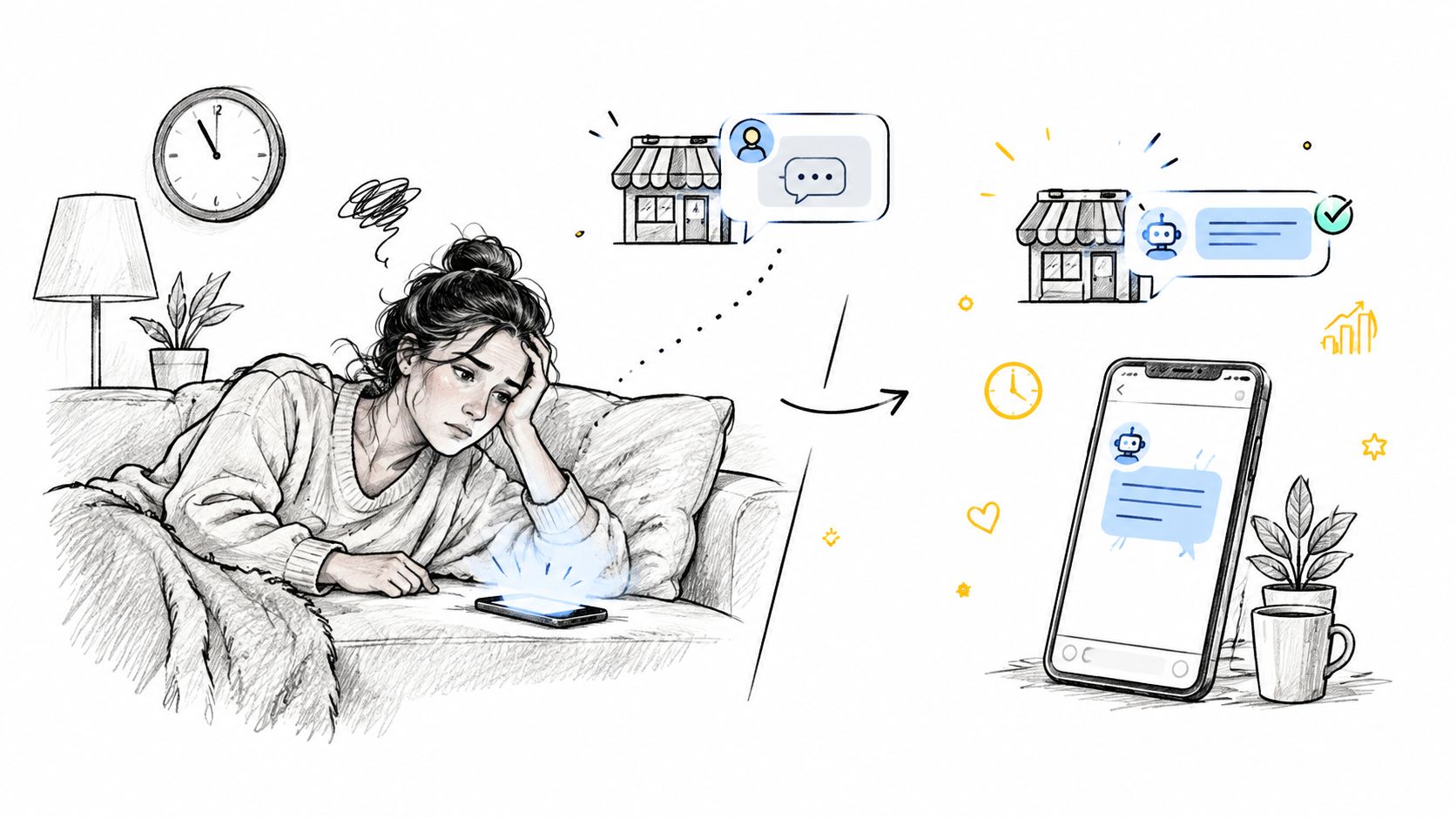 Ilustración de una persona estresada usando el móvil y cómo un chatbot soluciona problemas de ecommerce.