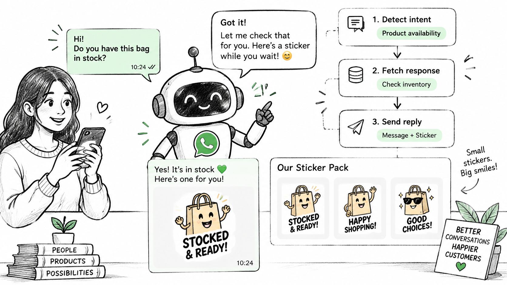 Ilustración de un robot usando WhatsApp para enviar pegatinas personalizadas a una cliente sobre disponibilidad de productos.